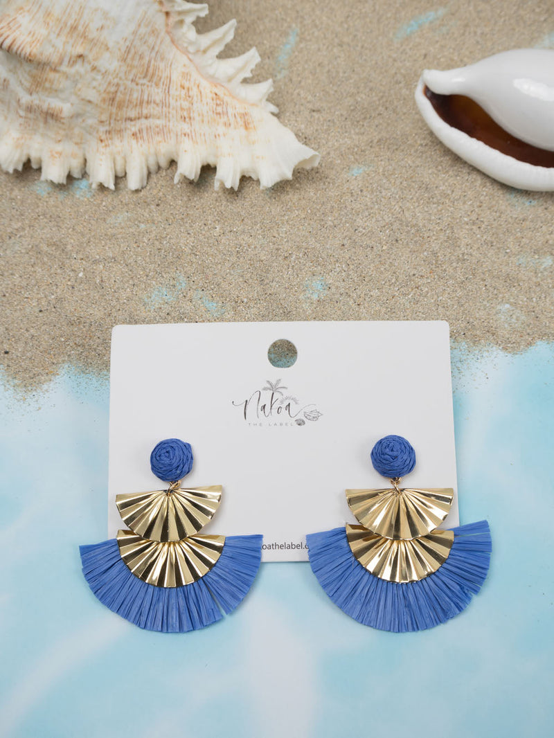 Geometric Gold & Raffia Earrings - Royal Blue