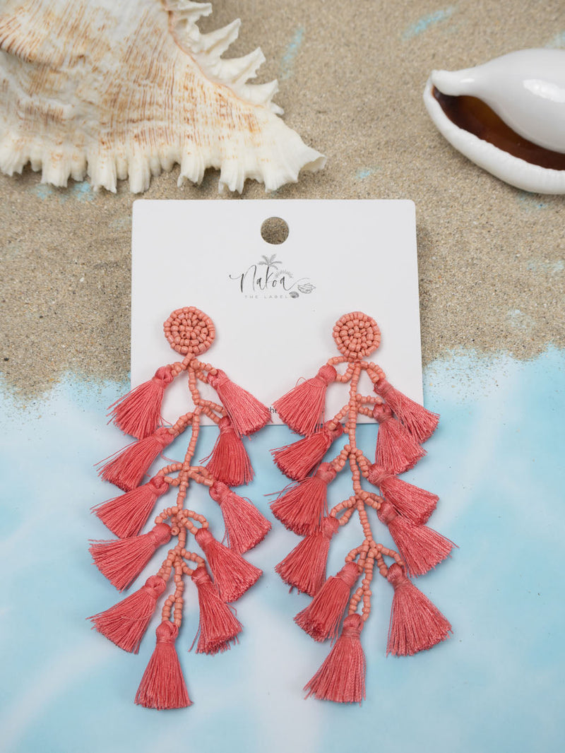 Beaded Tassel Earrings - Coral