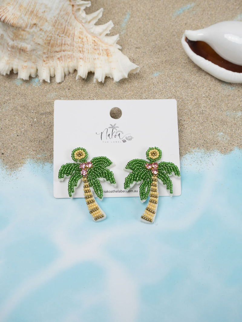 Beaded Palm Tree Earrings - Green