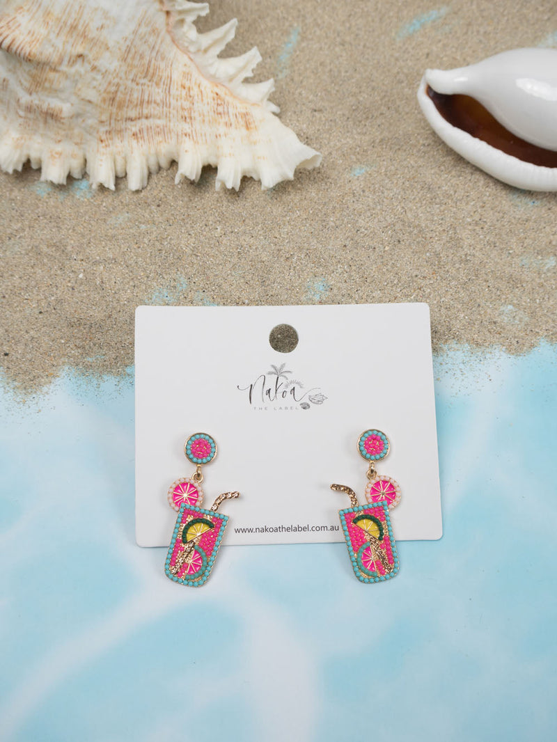 Cocktail Rhinestone Earrings - Aqua