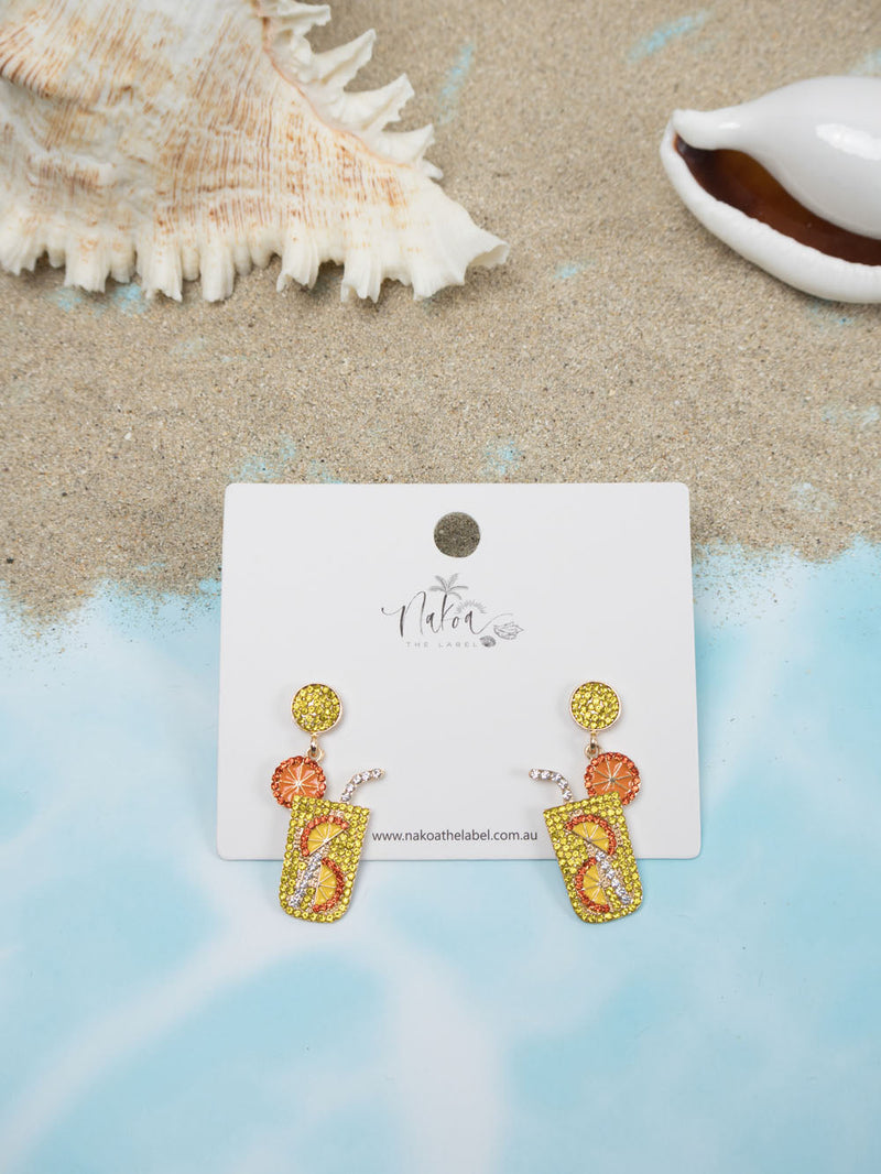 Cocktail Rhinestone Earrings - Yellow