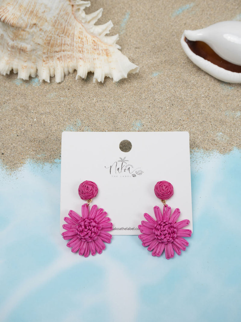 Daisy Flower Raffia Earrings - Bubblegum Pink