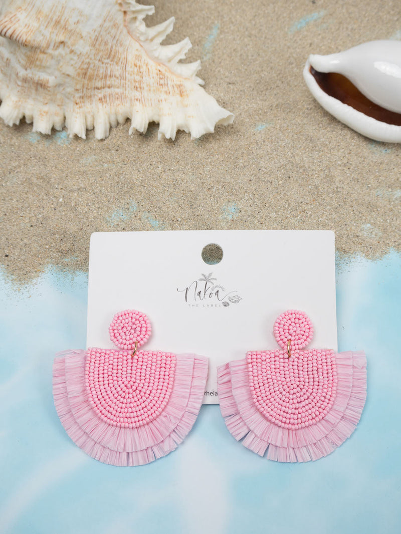 Tropics Beaded Raffia Earrings - Marshmallow Pink