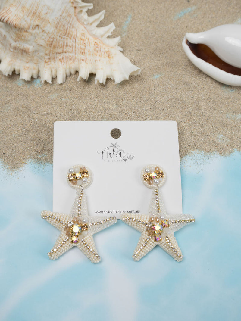 Starfish Beaded Earrings - White