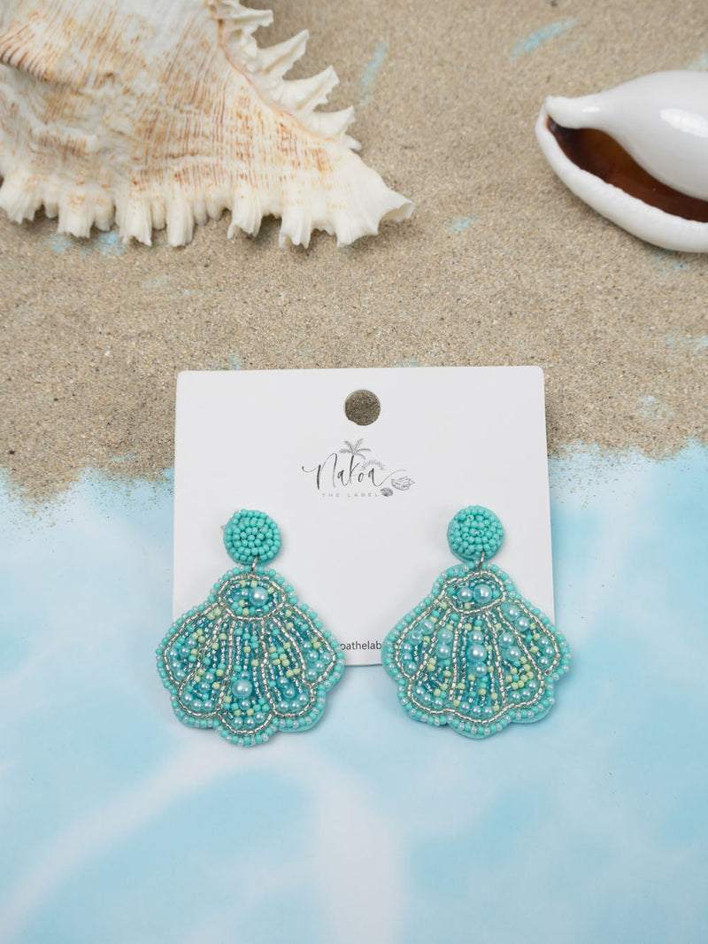 Sea Shell Beaded Earrings - Light Blue