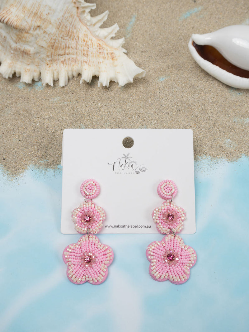 Flower Duo Beaded Earrings - Light Pink