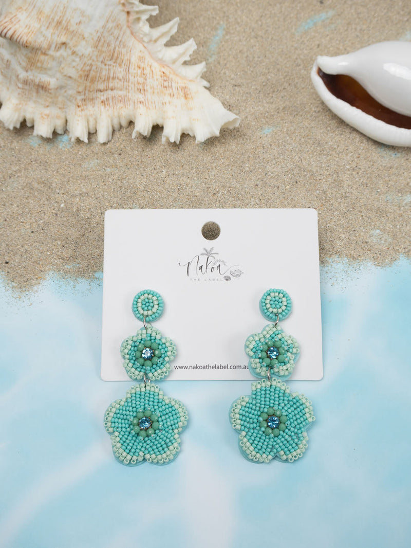 Flower Duo Beaded Earrings - Light Blue