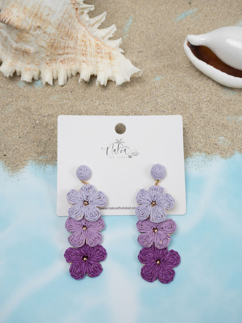 Flower Trio Raffia Earrings - Purple