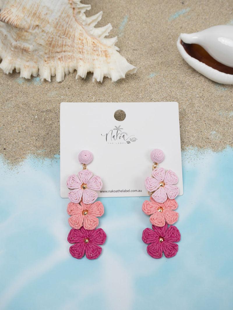 Flower Trio Raffia Earrings - Pink