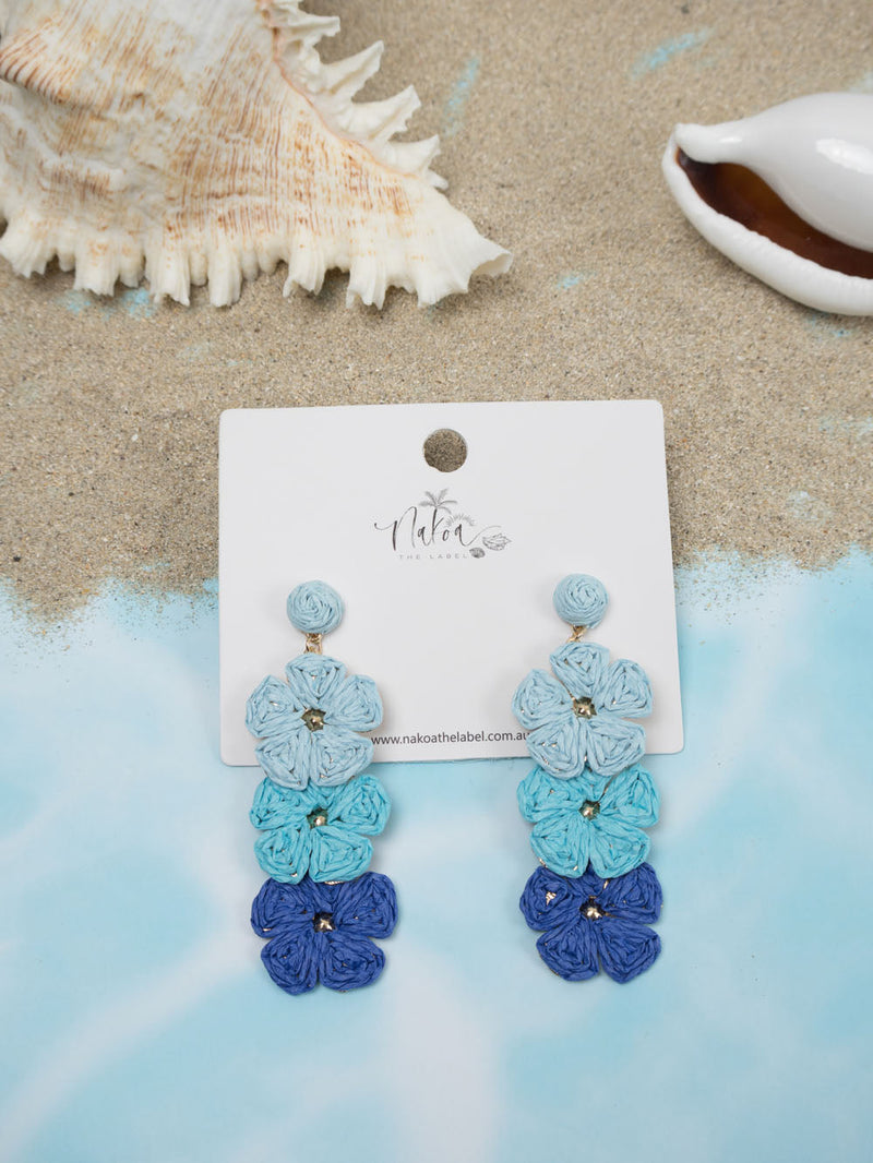 Flower Trio Raffia Earrings - Blue