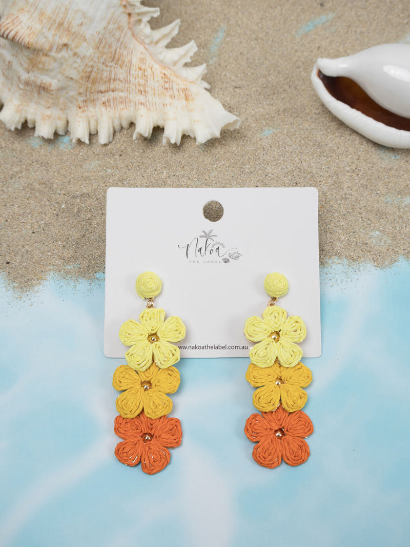 Flower Trio Raffia Earrings - Orange