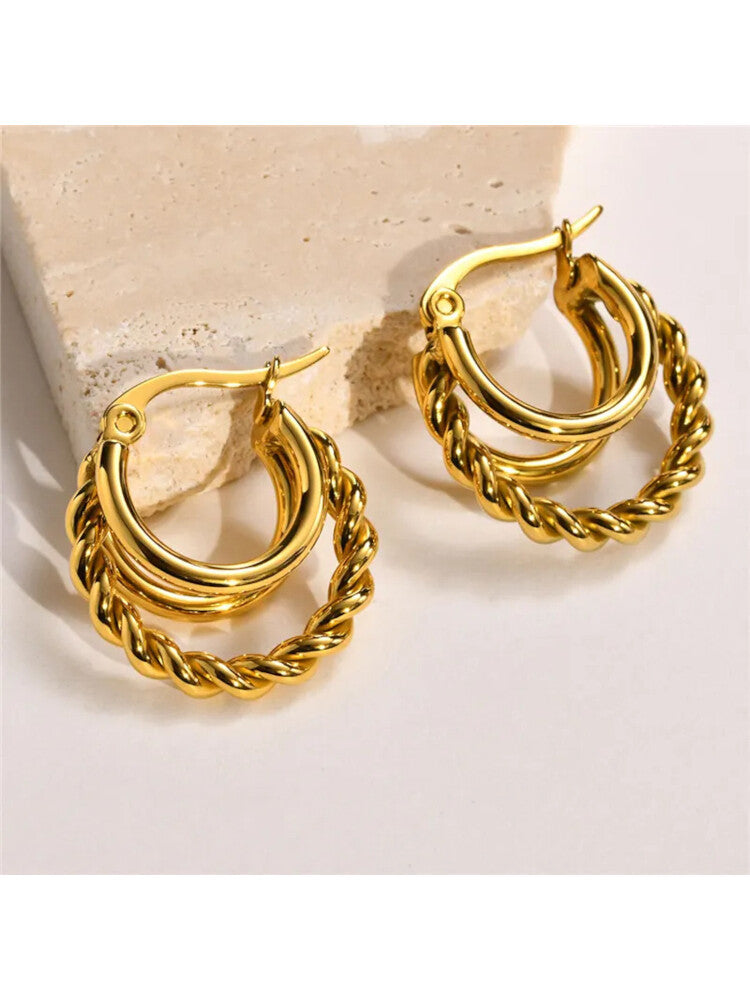 Waterproof 18K Gold Plated Stainless Steel Earrings - Twisted Hoops Trio