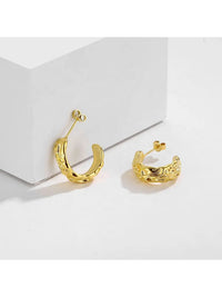 Waterproof 18K Gold Plated Stainless Steel Earrings -  Hammered Half Hoop