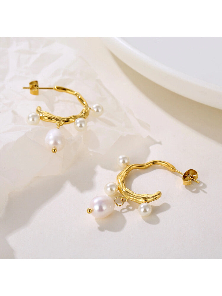 Waterproof 18K Gold Plated Stainless Steel Earrings - Irregular Freshwater Pearl Studs