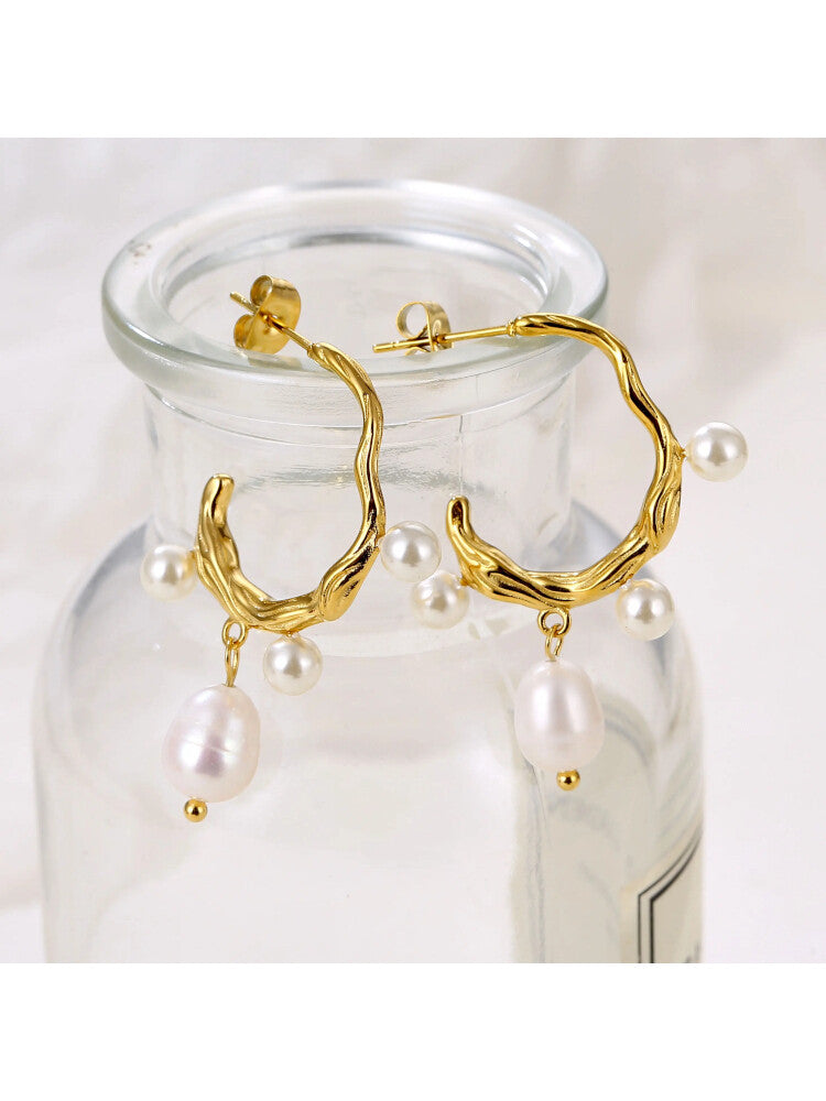 Waterproof 18K Gold Plated Stainless Steel Earrings - Irregular Freshwater Pearl Studs