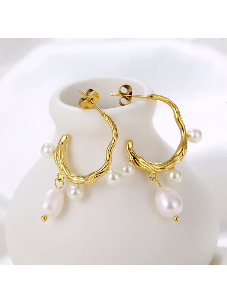 Waterproof 18K Gold Plated Stainless Steel Earrings - Irregular Freshwater Pearl Studs