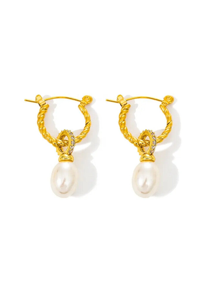 Waterproof 18K Gold Plated Stainless Steel Earrings - Elegant Pearl Hoop