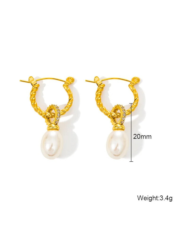 Waterproof 18K Gold Plated Stainless Steel Earrings - Elegant Pearl Hoop