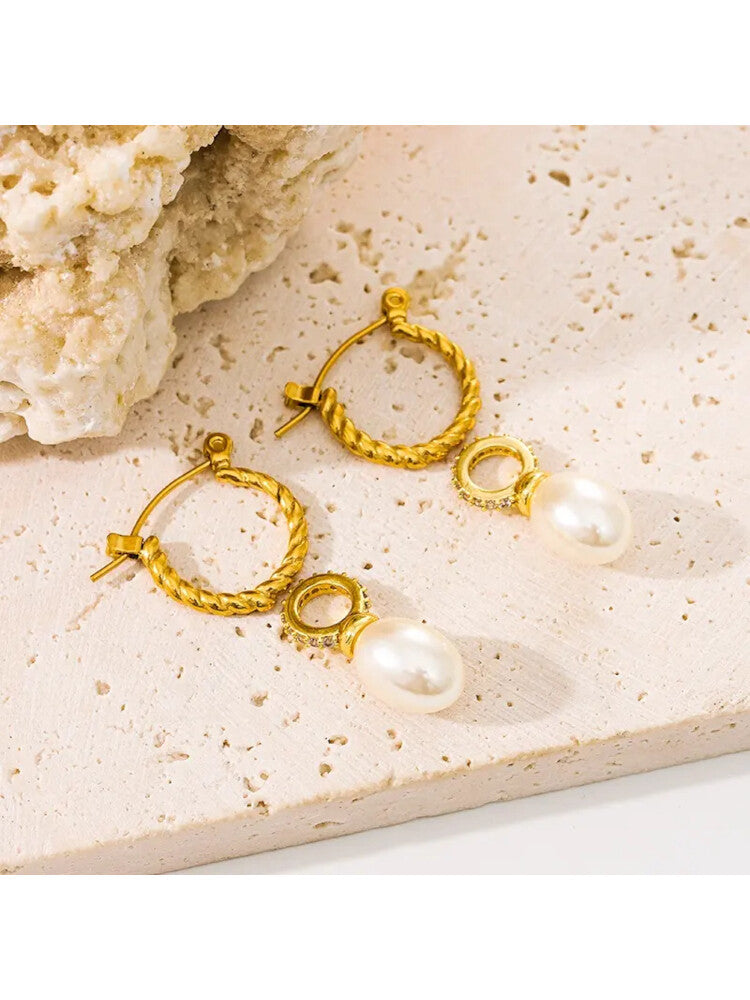 Waterproof 18K Gold Plated Stainless Steel Earrings - Elegant Pearl Hoop