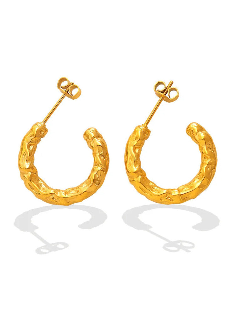 Waterproof 18K Gold Plated Stainless Steel Earrings - Hammered Stud