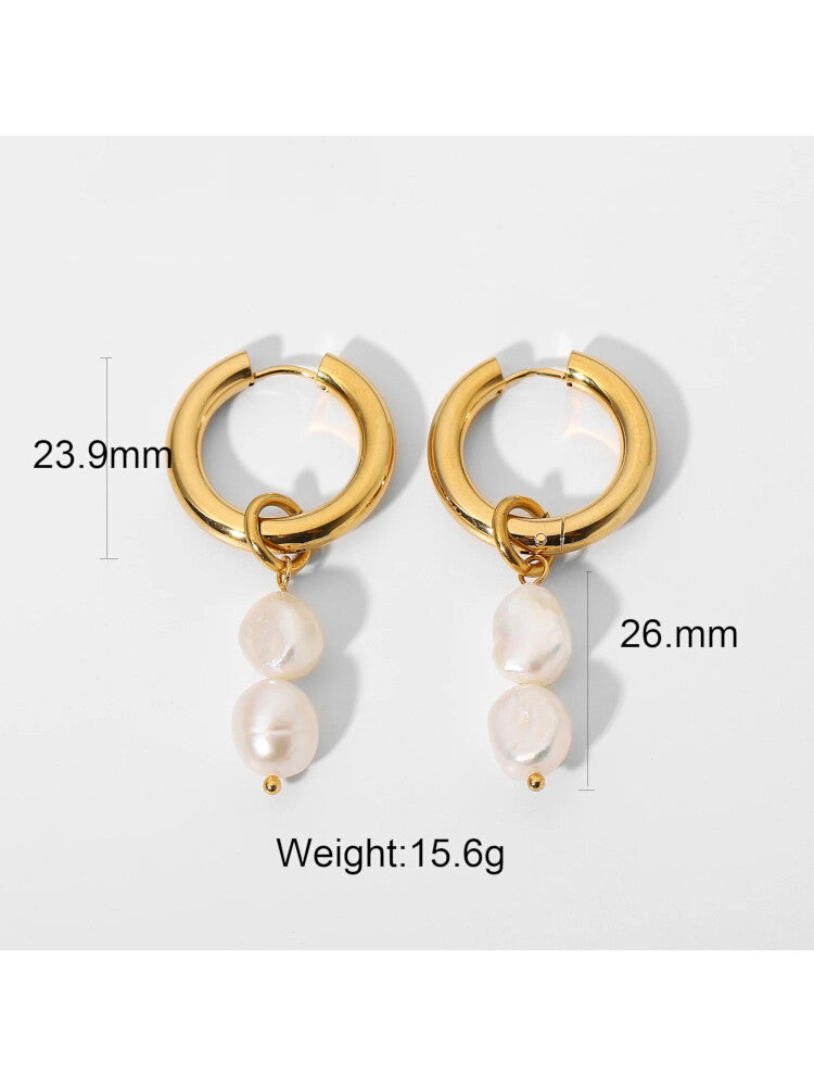 Waterproof 18K Gold Plated Stainless Steel Earrings -Double Freshwater Pearl Huggie