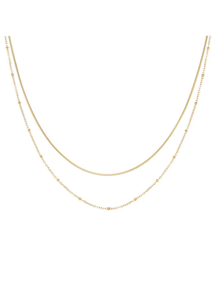 Waterproof 18K Gold Plated Stainless Steel Necklace - Double Layer Beaded Ball Chain