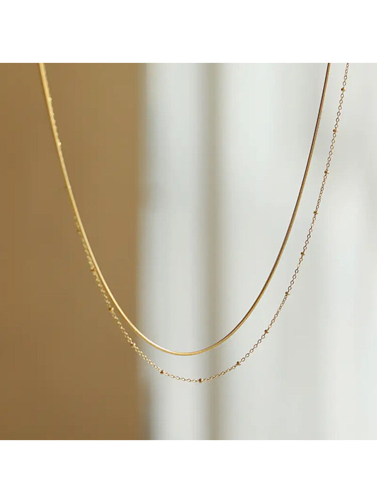 Waterproof 18K Gold Plated Stainless Steel Necklace - Double Layer Beaded Ball Chain