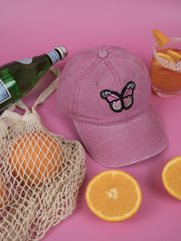 Vintage Washed Cap - 100% Cotton - Byron Bay - Butterfly - Barbie Pink