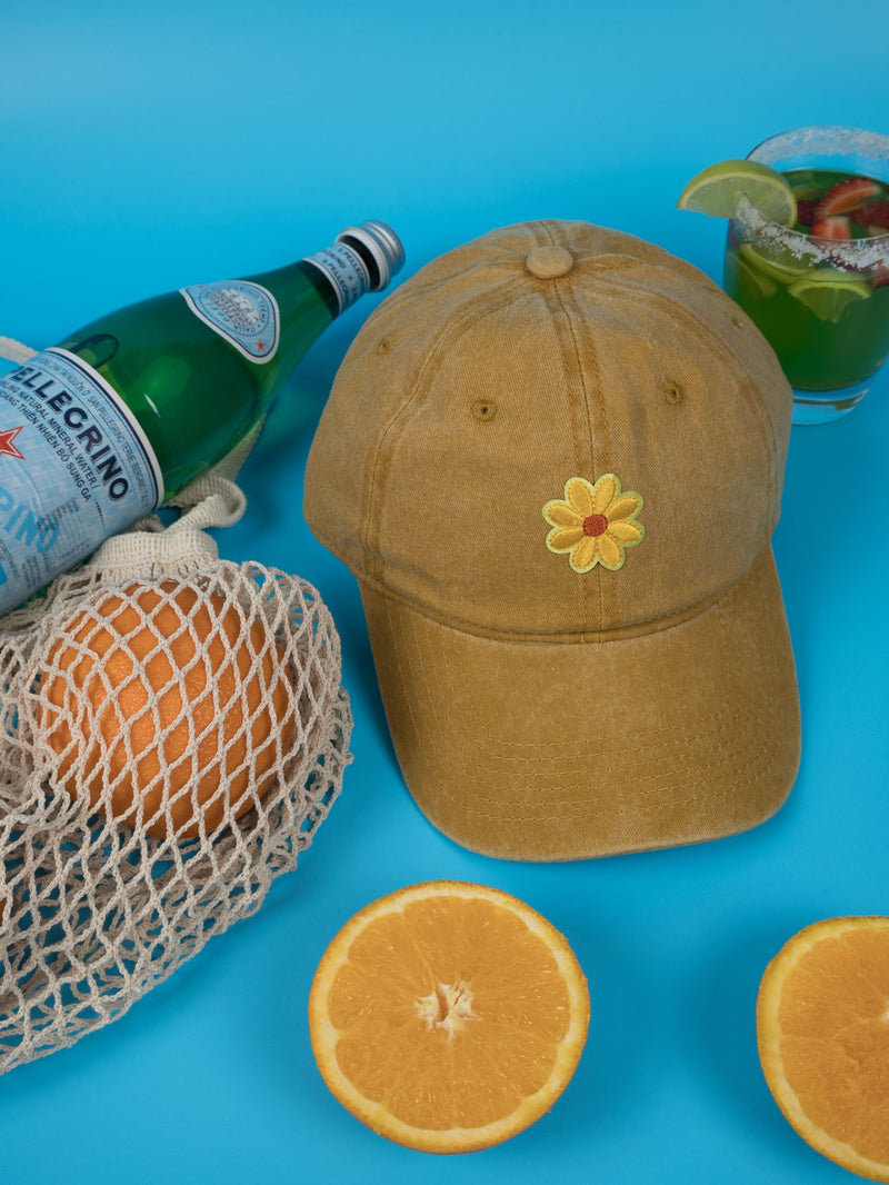 Vintage Washed Cap - 100% Cotton - Byron Bay - Flower - Mustard