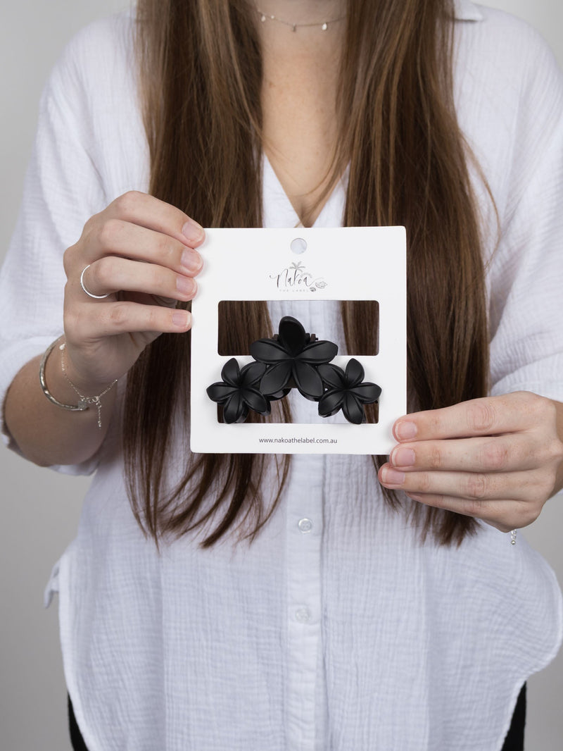Claw Clip -- Frangipani Flower Trio - Black