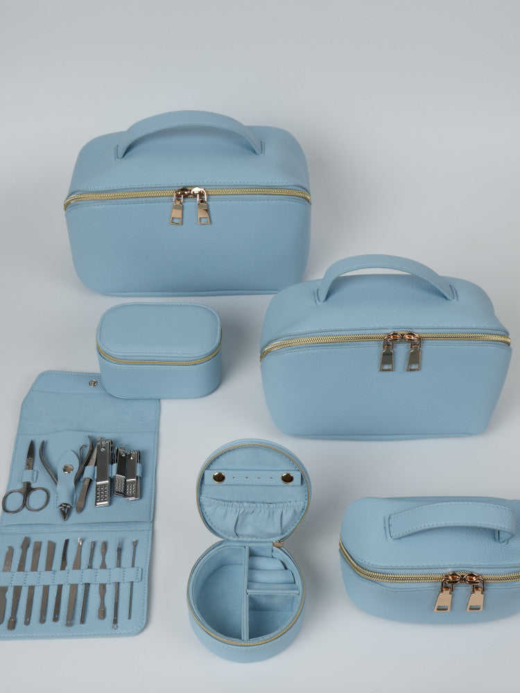 Vegan PU Leather Jewellery Box - Round - Light Blue - Small