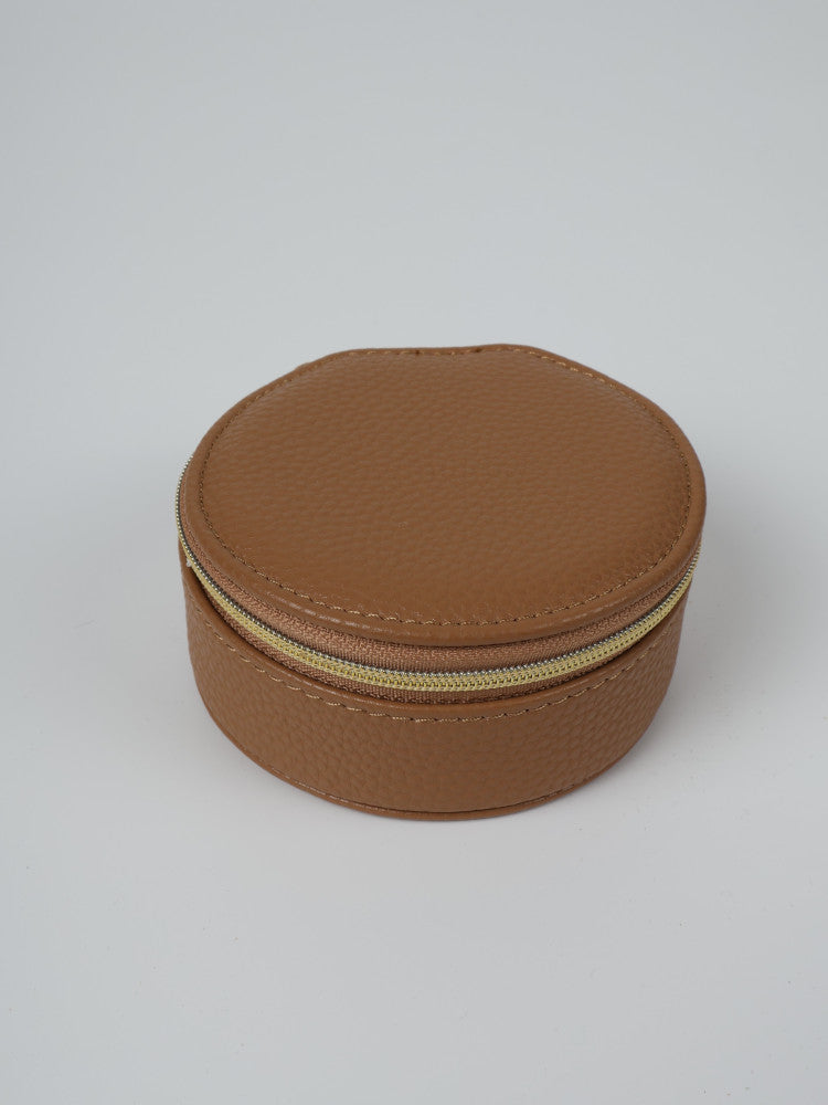 Vegan PU Leather Jewellery Box - Round - Beige - Small