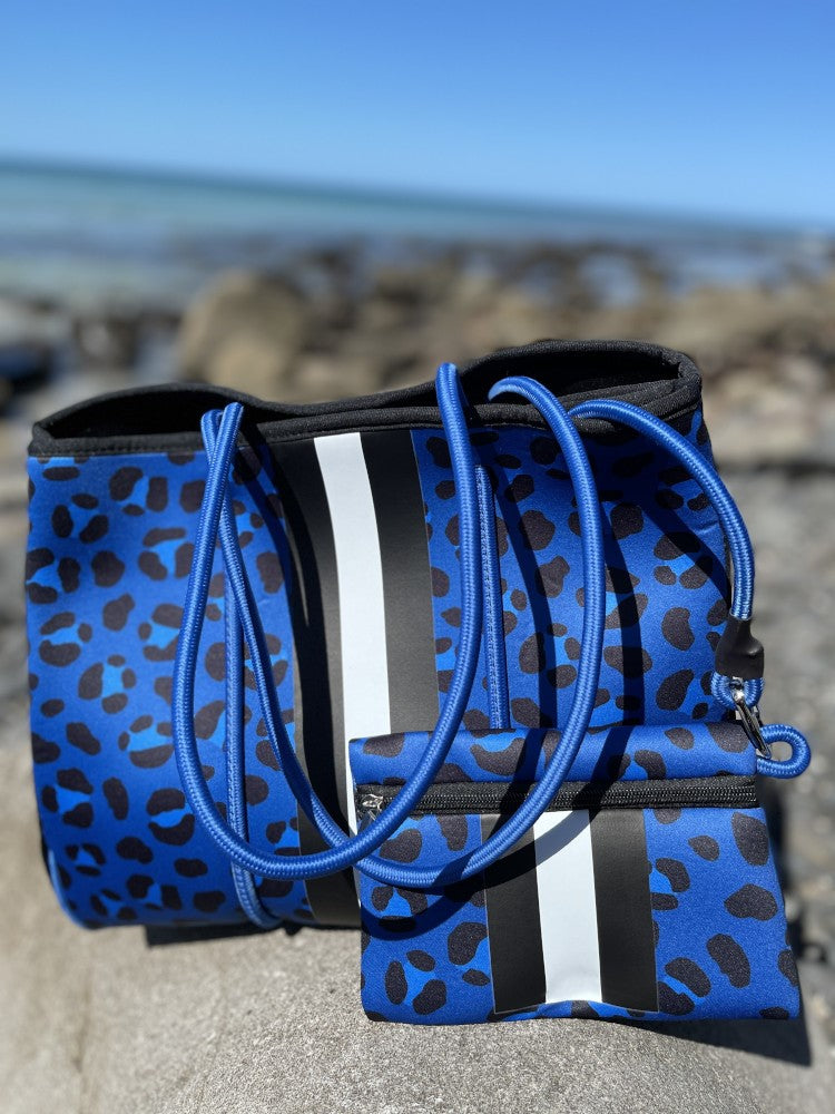 Neoprene Bag - Vegan Tote - 2 Piece Set - Stripe - Blue Leopard