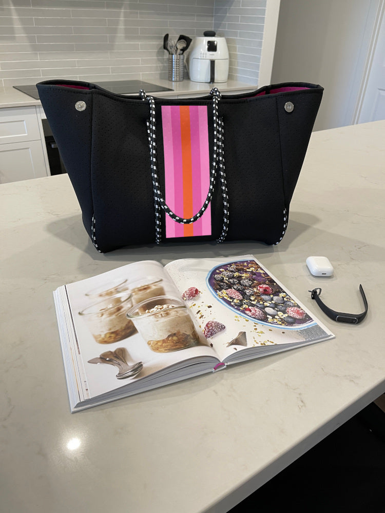 Neoprene Bag - Vegan Tote - 2 Piece Set - Stripe - Black & Pink