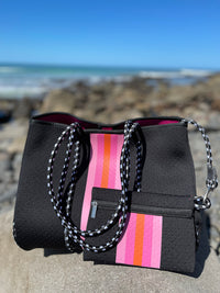 Neoprene Bag - Vegan Tote - 2 Piece Set - Stripe - Black & Pink