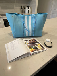 Neoprene Bag - Vegan Tote - 2 Piece Set - Stripe - Light Blue