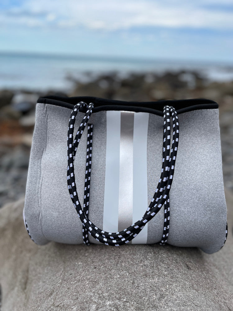 Neoprene Bag - Vegan Tote - 2 Piece Set - Stripe - Grey & Silver