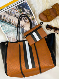 Neoprene Bag - Vegan Tote - 2 Piece Set - Stripe - Tan & Black