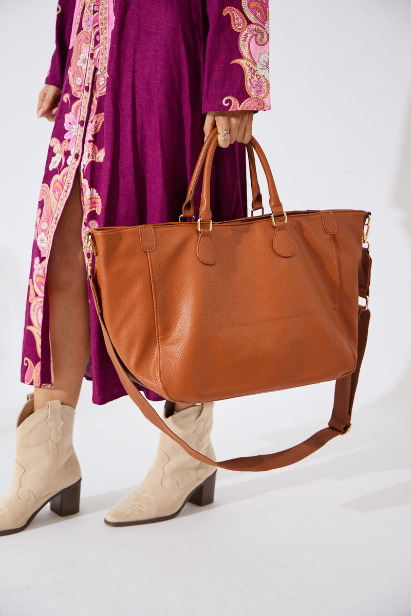 Vegan PU Leather Los Angeles Oversized Tote Bag - Tan
