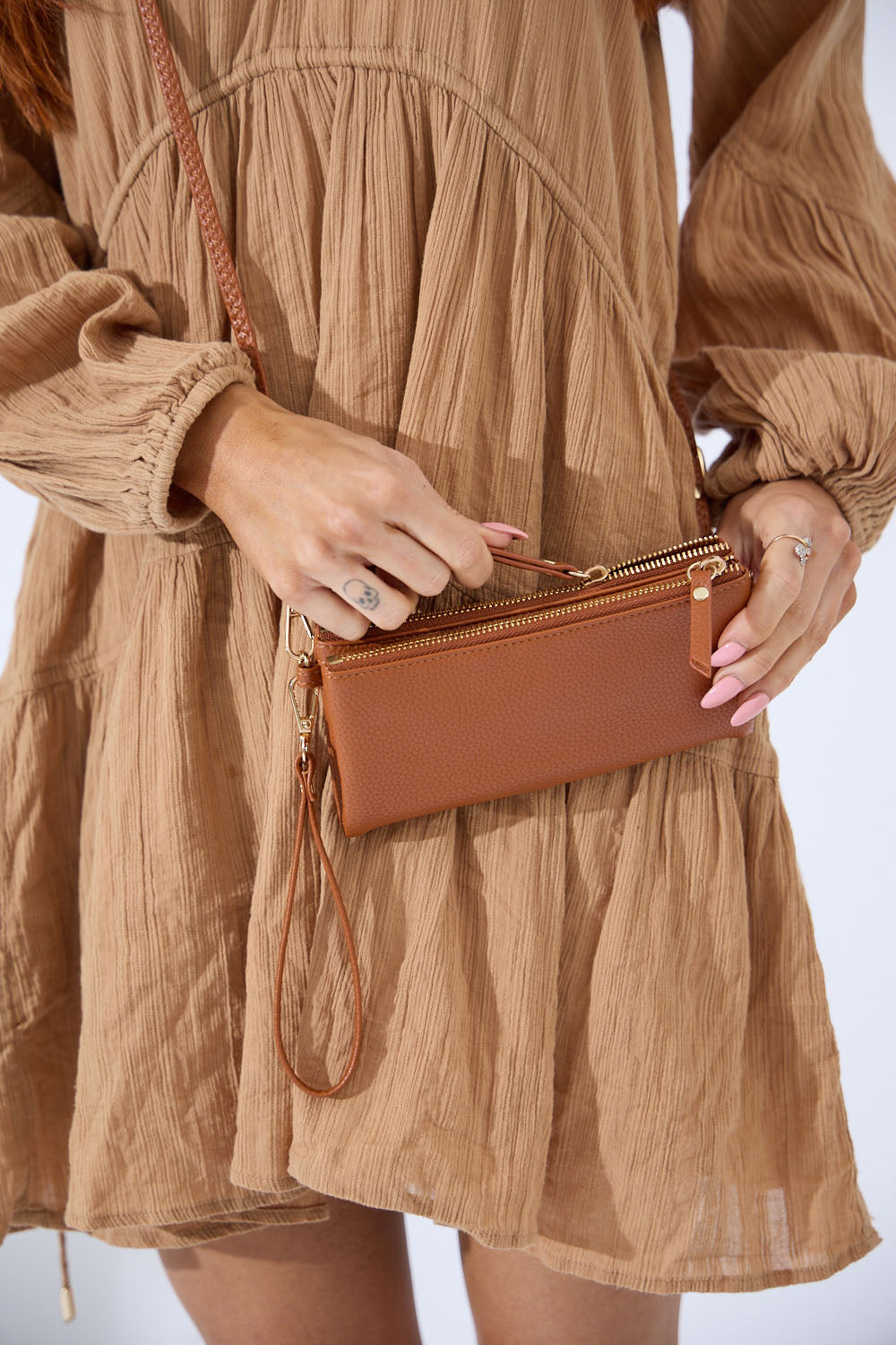 Vegan PU Leather New Haven Crossbody Wallet - Tan