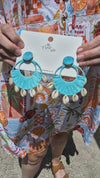 Coastal Raffia & Shell Earrings - Aqua Blue