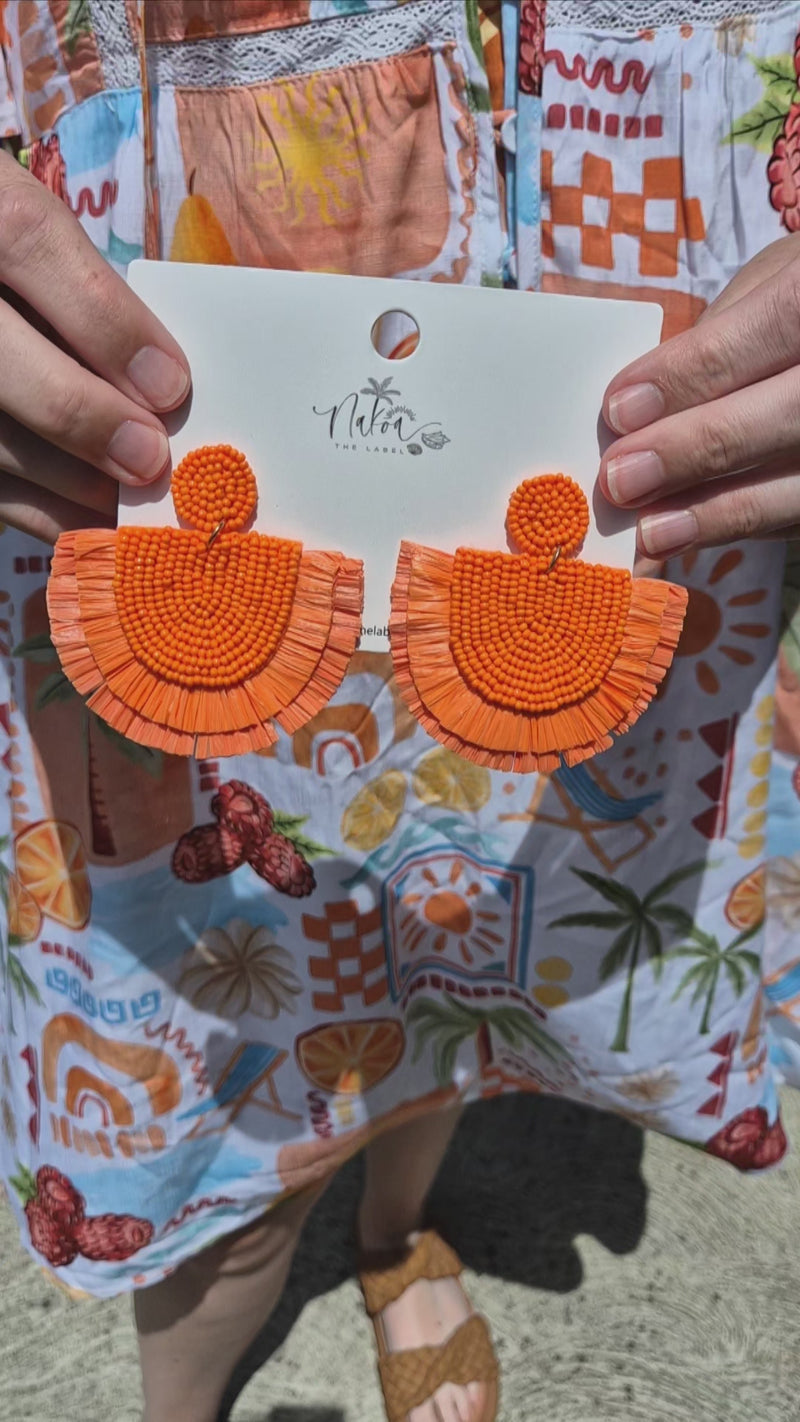 Tropics Beaded Raffia Earrings - Orange
