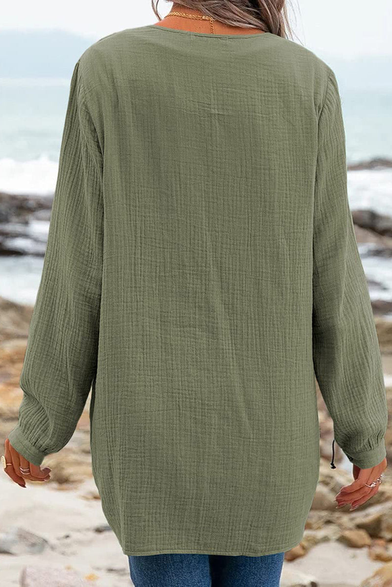 Kauai - Crinkle Cotton Long Sleeve Top - Khaki