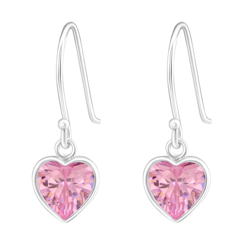 Silver Heart Hook Earrings - Pink
