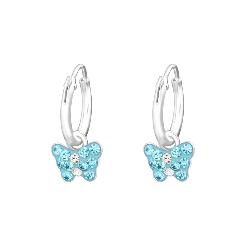 Silver Hanging Butterfly Huggies - Light Blue