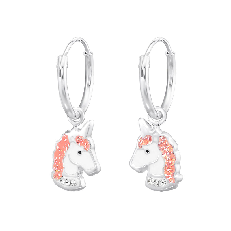 Silver Hanging Unicorn Head Epoxy Huggies - Light Pink Glitter