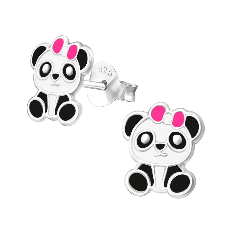 Silver Panda Stud Earrings - Epoxy -Pink + White