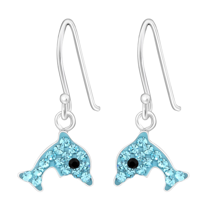 Silver Dolphin Hook Earrings - Light Blue