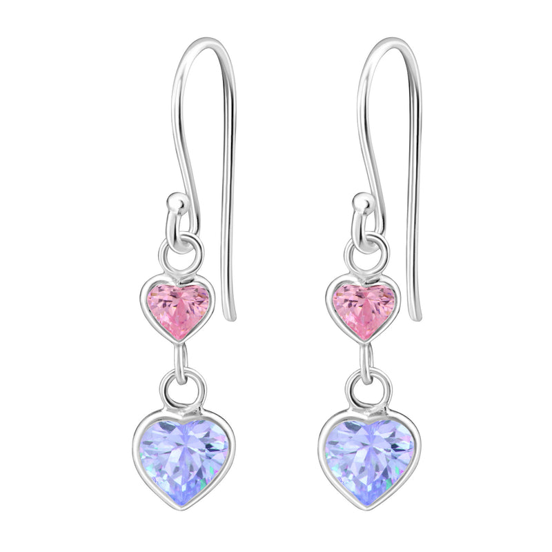 Silver Hanging Hearts Hook Earrings - Pink + Purple