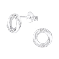 Silver Twist Circle Stud Earrings - CZ Crystal